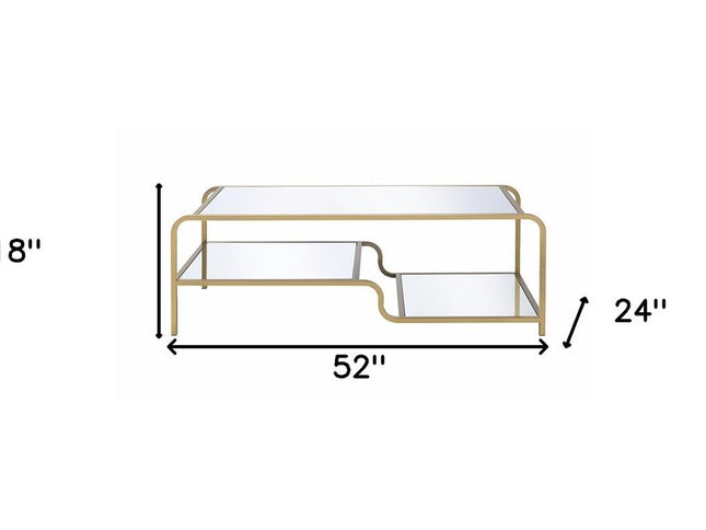52" Clear and Gold Mirrored Glass And Iron Coffee Table With Shelf