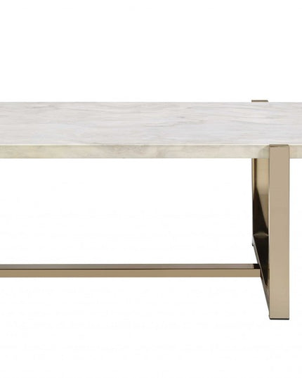 43" White and Gold Faux Marble And Iron Frame Coffee Table