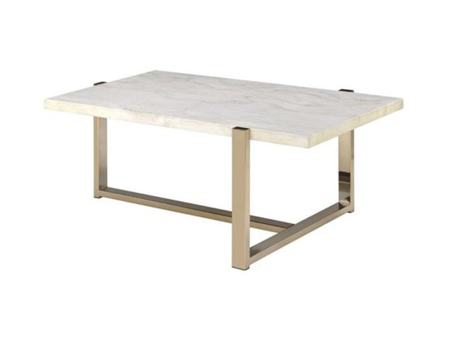 43" White and Gold Faux Marble And Iron Frame Coffee Table