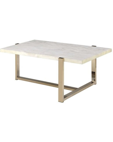 43" White and Gold Faux Marble And Iron Frame Coffee Table