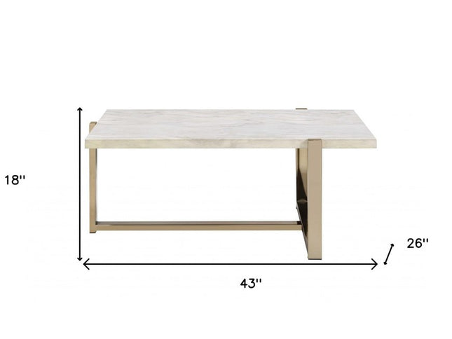 43" White and Gold Faux Marble And Iron Frame Coffee Table