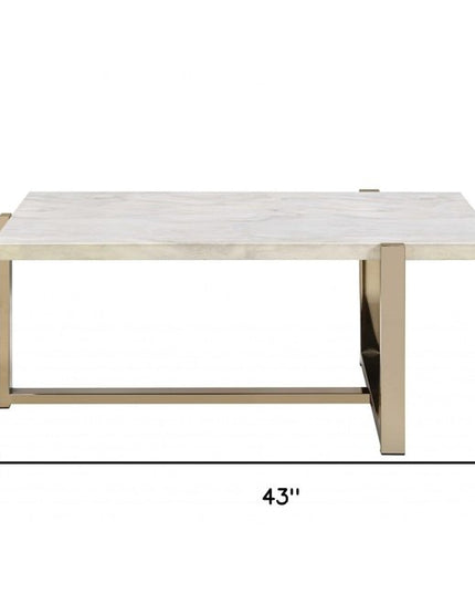43" White and Gold Faux Marble And Iron Frame Coffee Table