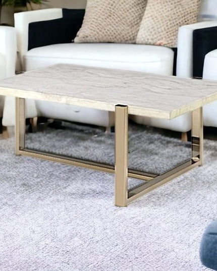 43" White and Gold Faux Marble And Iron Frame Coffee Table