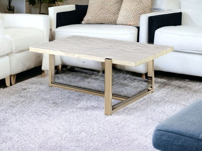 43" White and Gold Faux Marble And Iron Frame Coffee Table
