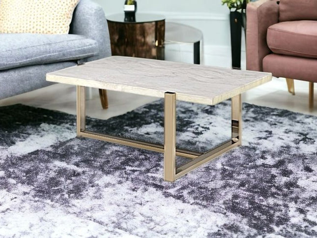 43" White and Gold Faux Marble And Iron Frame Coffee Table