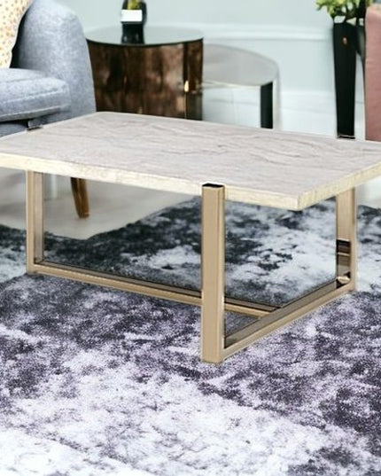 43" White and Gold Faux Marble And Iron Frame Coffee Table
