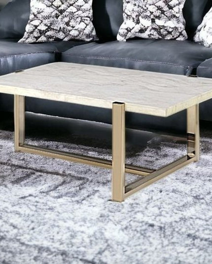 43" White and Gold Faux Marble And Iron Frame Coffee Table