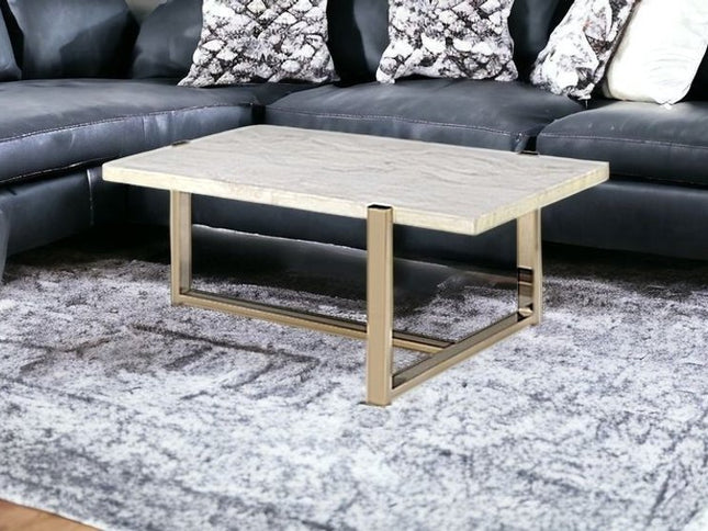 43" White and Gold Faux Marble And Iron Frame Coffee Table