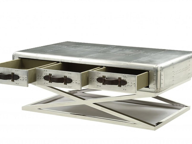 51" Silver Aluminum Trestle Coffee Table With Three Drawers