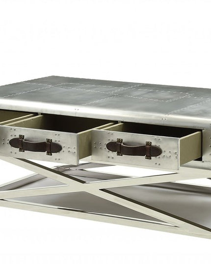 51" Silver Aluminum Trestle Coffee Table With Three Drawers