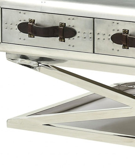 51" Silver Aluminum Trestle Coffee Table With Three Drawers