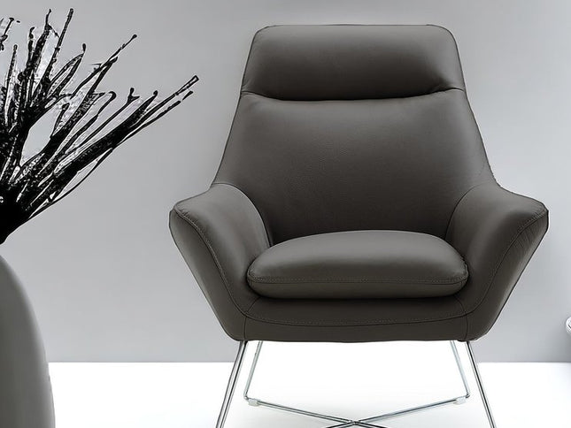 33" Gray and Silver Italian Leather Tufted Arm Chair