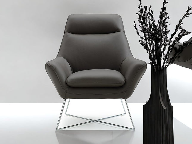 33" Gray and Silver Italian Leather Tufted Arm Chair