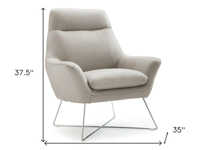 33" Light Gray and Silver Italian Leather Tufted Arm Chair