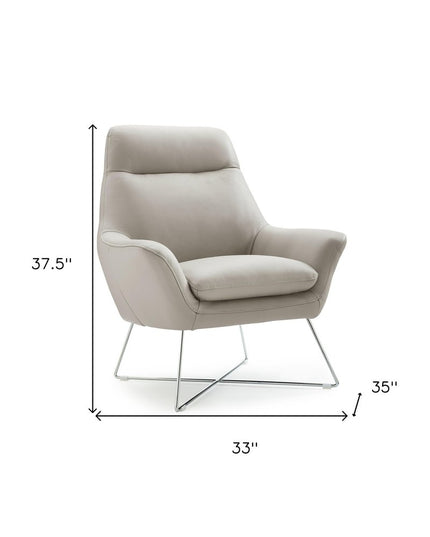 33" Light Gray and Silver Italian Leather Tufted Arm Chair