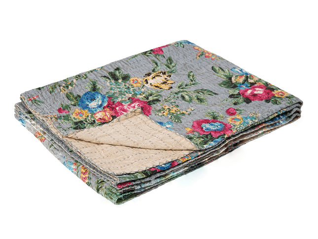 50" X 70" Pink Gray and Blue Kantha Cotton Floral Throw Blanket with Embroidery