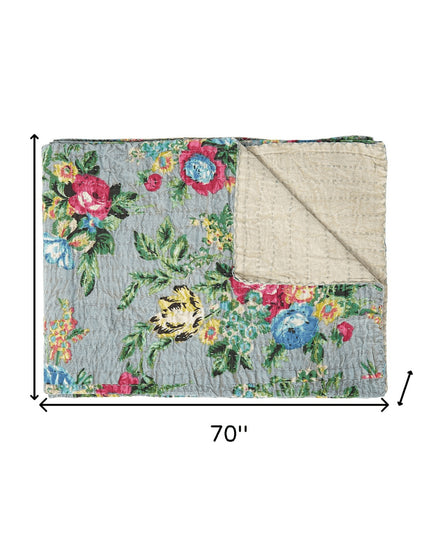 50" X 70" Pink Gray and Blue Kantha Cotton Floral Throw Blanket with Embroidery