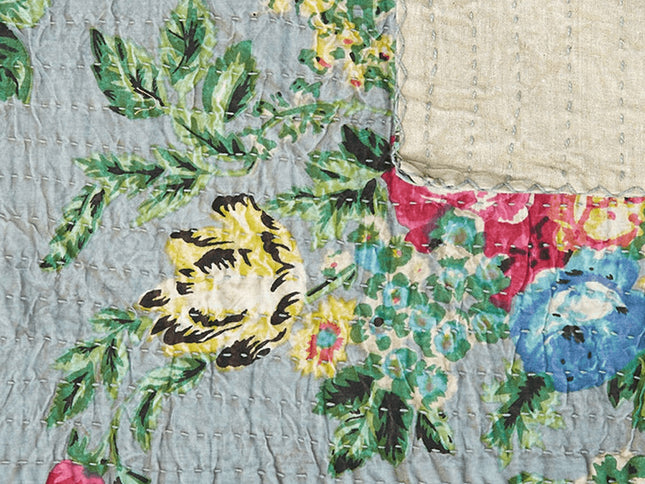 50" X 70" Pink Gray and Blue Kantha Cotton Floral Throw Blanket with Embroidery