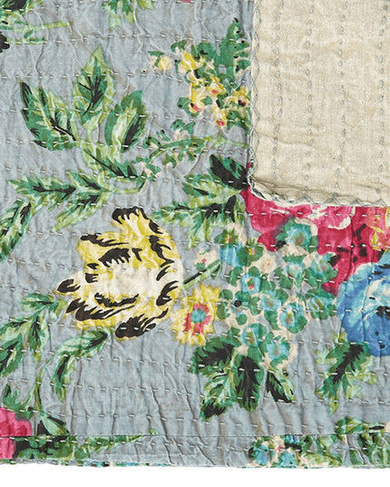 50" X 70" Pink Gray and Blue Kantha Cotton Floral Throw Blanket with Embroidery
