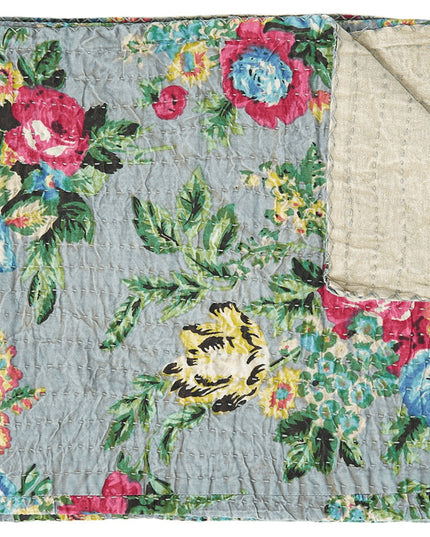 50" X 70" Pink Gray and Blue Kantha Cotton Floral Throw Blanket with Embroidery