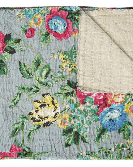 50" X 70" Pink Gray and Blue Kantha Cotton Floral Throw Blanket with Embroidery