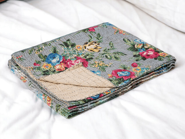 50" X 70" Pink Gray and Blue Kantha Cotton Floral Throw Blanket with Embroidery