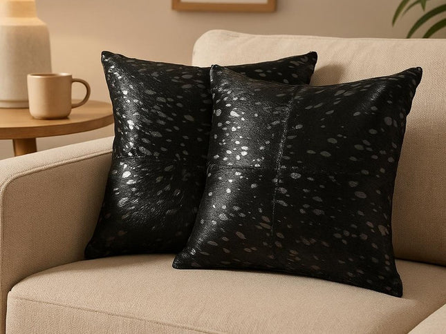 Set of Two 18" Black and Silver Cowhide Throw Pillow