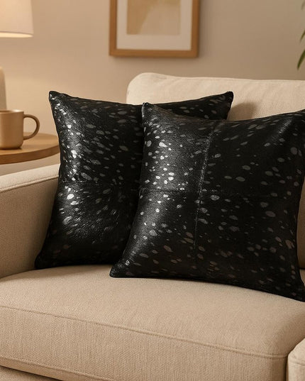 Set of Two 18" Black and Silver Cowhide Throw Pillow