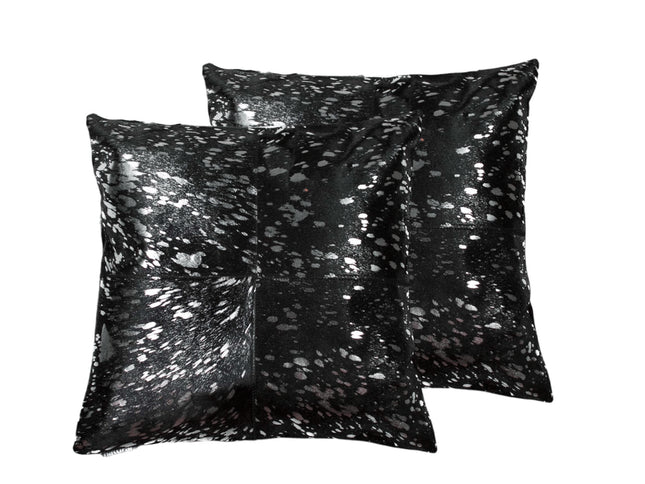 Set of Two 18" Black and Silver Cowhide Throw Pillow