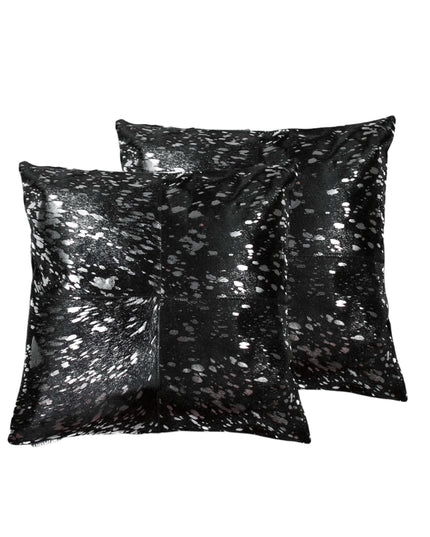 Set of Two 18" Black and Silver Cowhide Throw Pillow
