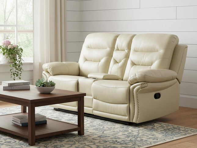 75" Beige Faux Leather Manual Reclining Love Seat With Storage