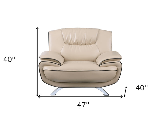 47" Beige And Silver Leather Match Club Chair