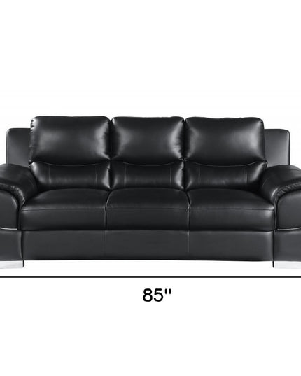 85" Black Leather Sofa With Silver Legs