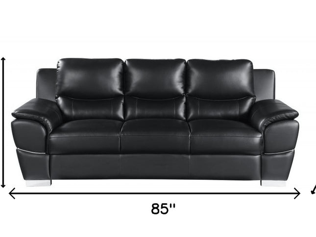85" Black Leather Sofa With Silver Legs