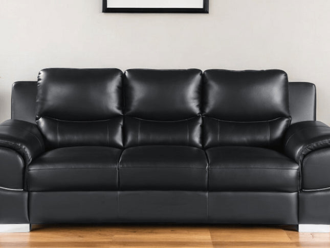 85" Black Leather Sofa With Silver Legs