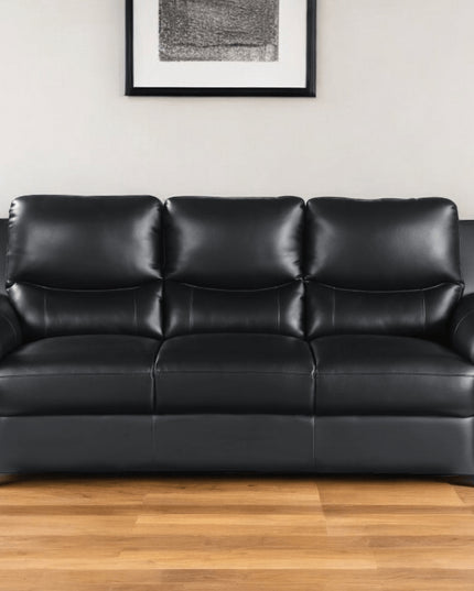 85" Black Leather Sofa With Silver Legs