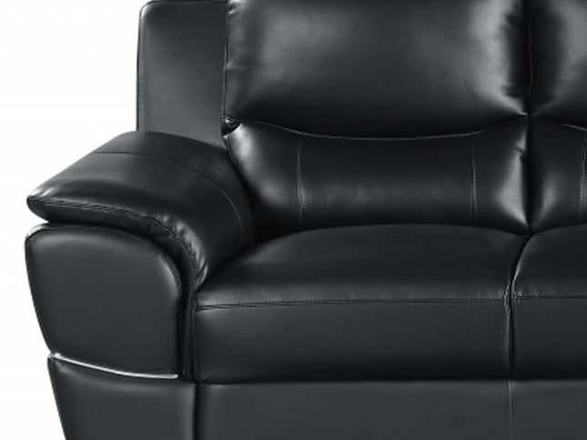 85" Black Leather Sofa With Silver Legs