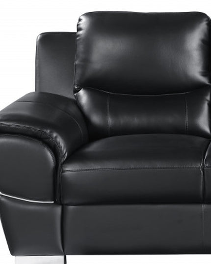 85" Black Leather Sofa With Silver Legs