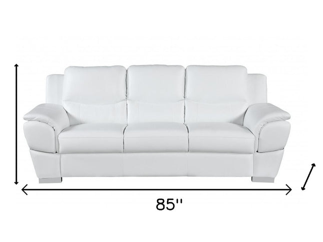 85" White Leather Sofa With Silver Legs