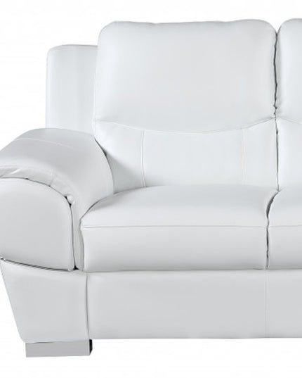 85" White Leather Sofa With Silver Legs