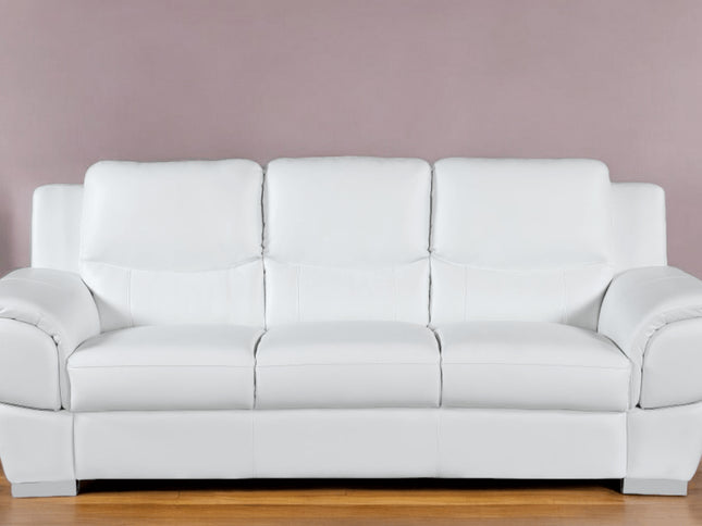 85" White Leather Sofa With Silver Legs