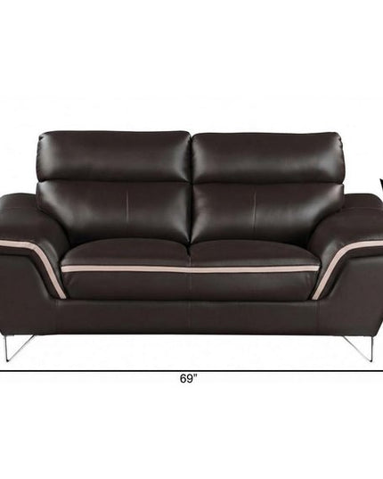 69" Brown And Silver Faux Leather Love Seat