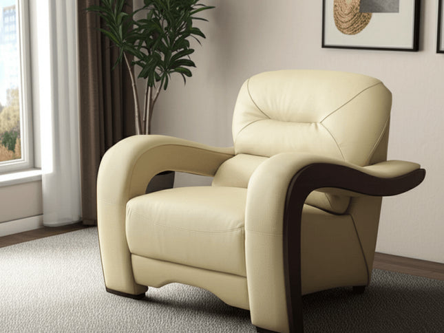 39" Beige and Brown Leather Arm Chair