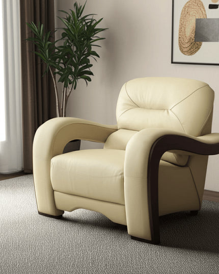 39" Beige and Brown Leather Arm Chair