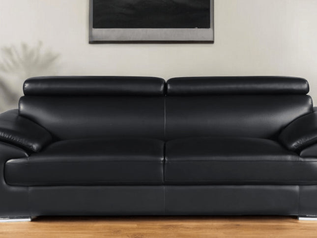 86" Black Leather Sofa With Silver Legs