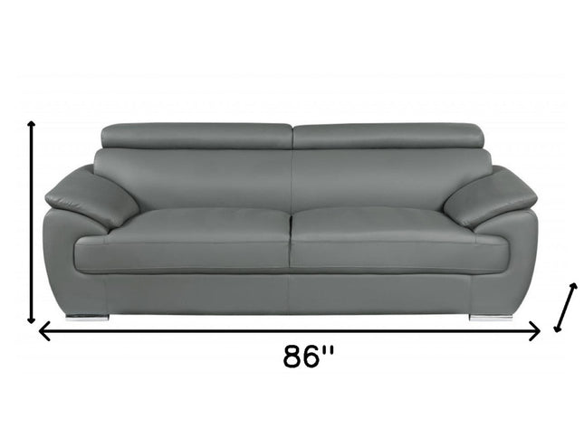 86" Gray Leather Sofa With Silver Legs