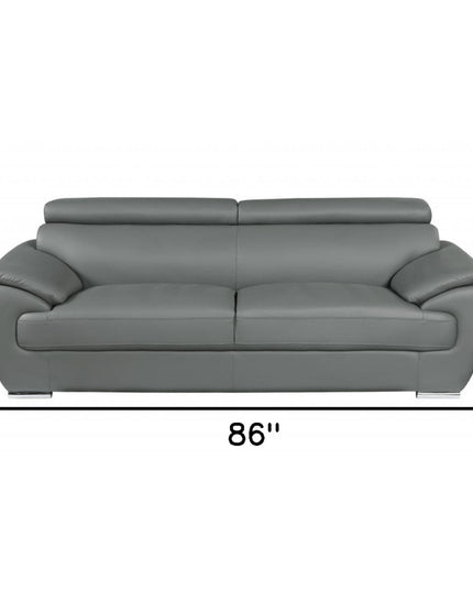 86" Gray Leather Sofa With Silver Legs
