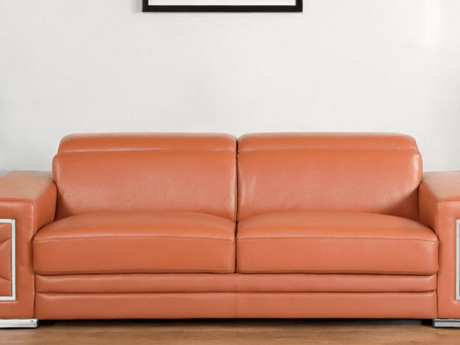 89" Camel Italian Leather Sofa With Silver Legs