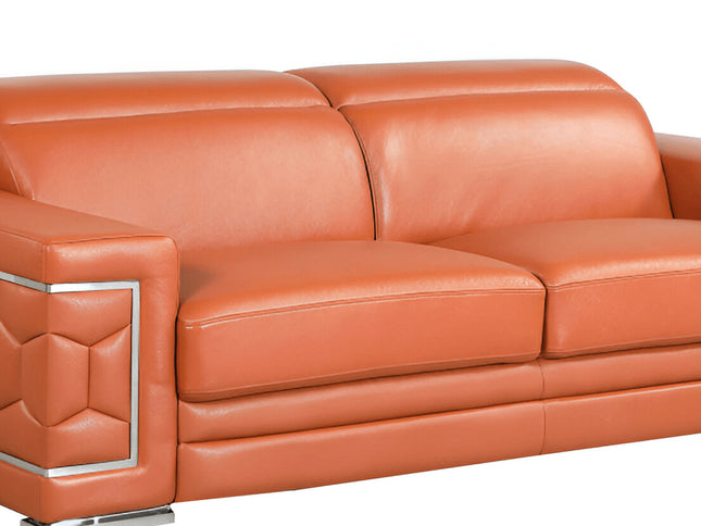 89" Camel Italian Leather Sofa With Silver Legs