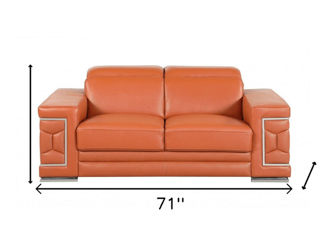 71" Camel And Silver Genuine Leather Love Seat